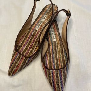 Manolo Blahnik Handmade Raffia multi color flat sling back shoes sz 7